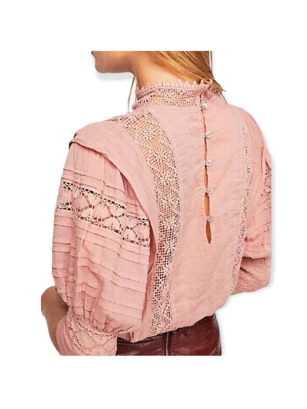 FP One Sydney  Lace-Panel Pink Blouse with Puff Sleeves